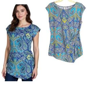 Jules & Leopold Asymmetrical Hem Blouse Women's Sz L Blue Paisley Cap Sleeve Top